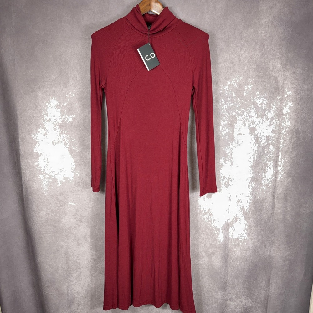 C.O.Z.Y Ribbed Turtleneck Midi Dress Long Sleeve Burgundy Women M NWT